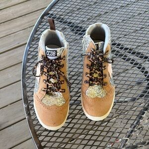 women's Brown and Gold Sneakers.  “Only wore once.”